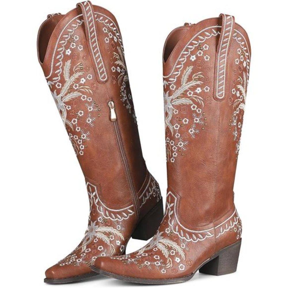 Western Cowboy Boots Cowgirl Chunky Heel Mid Calf Boot Snip Toe Embroidery Boots
